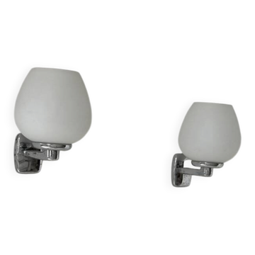 Pair of vintage opaline and chrome metal wall lights, France, 1970.