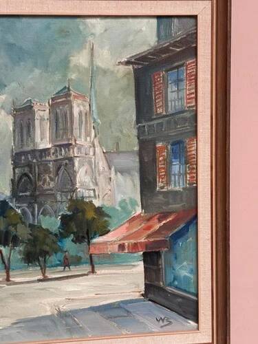 Huile sur toile du milieu du siècle – « Scène de ville » par WB, signée, vintage et encadrée 40×47cm