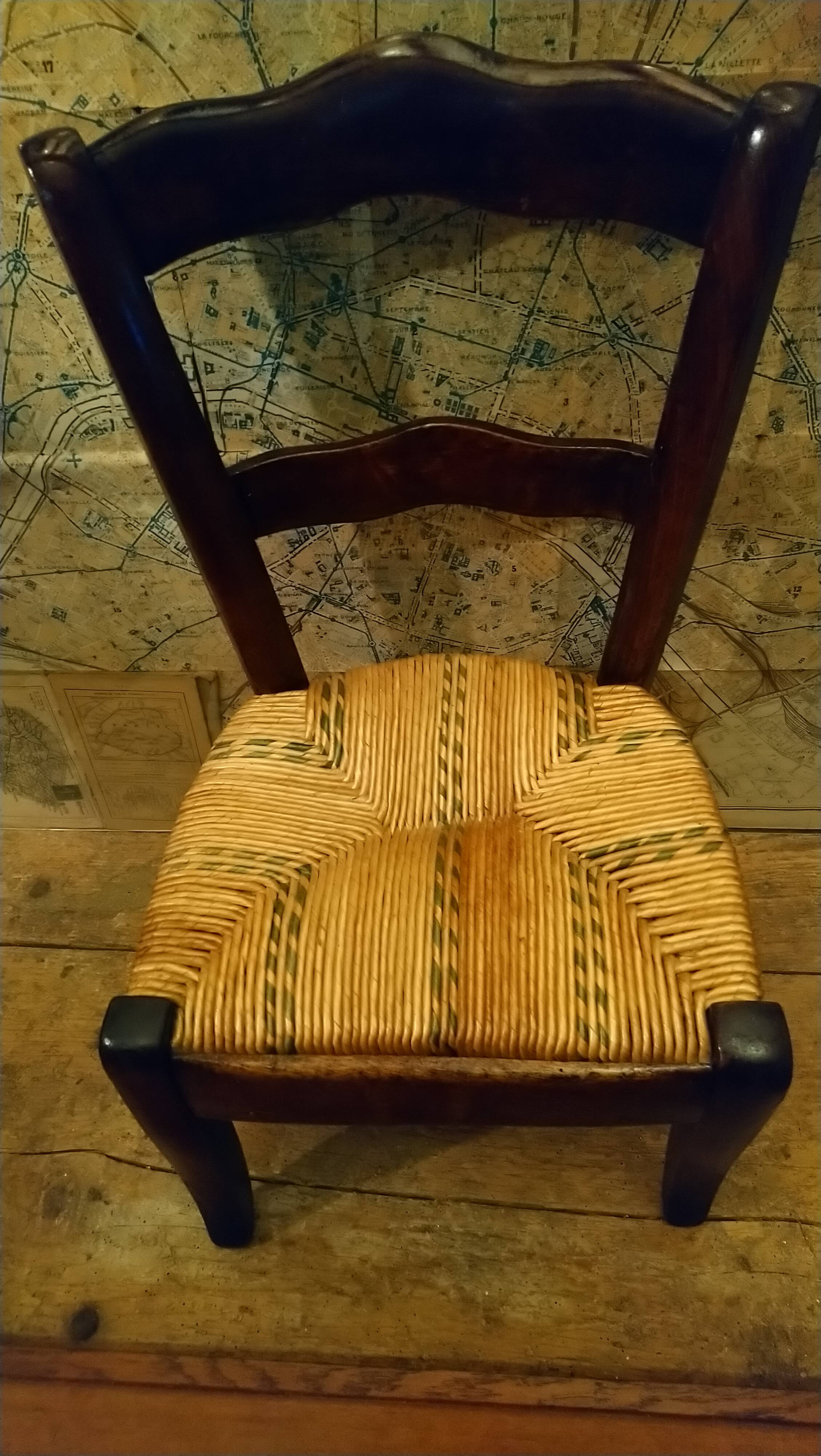 Children's straw chair and oak stool