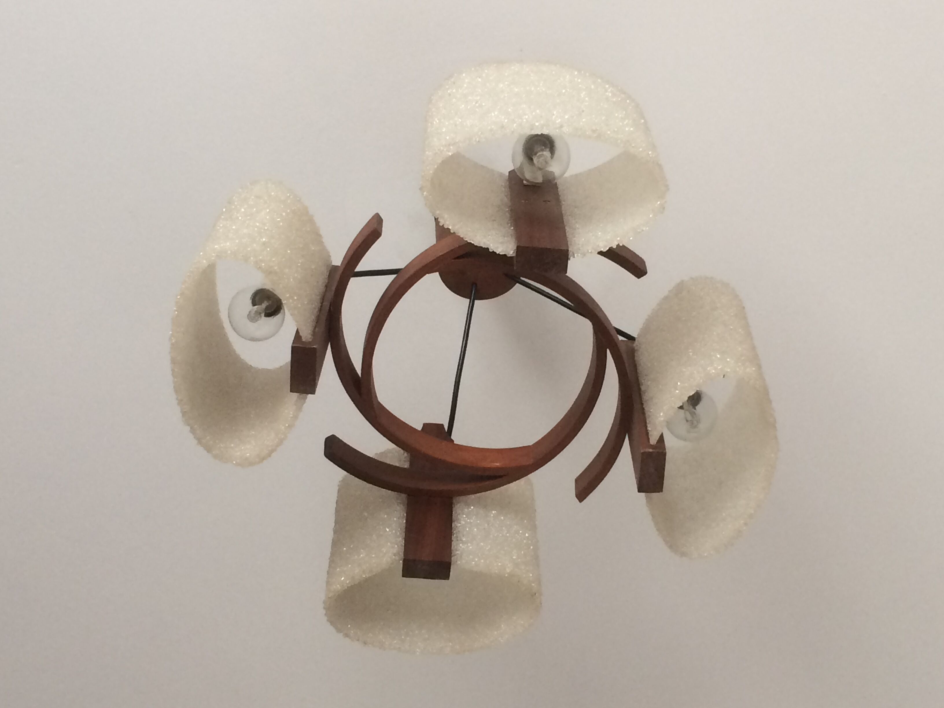 Teak hanging lamp and 4 shades in perpex 1950
