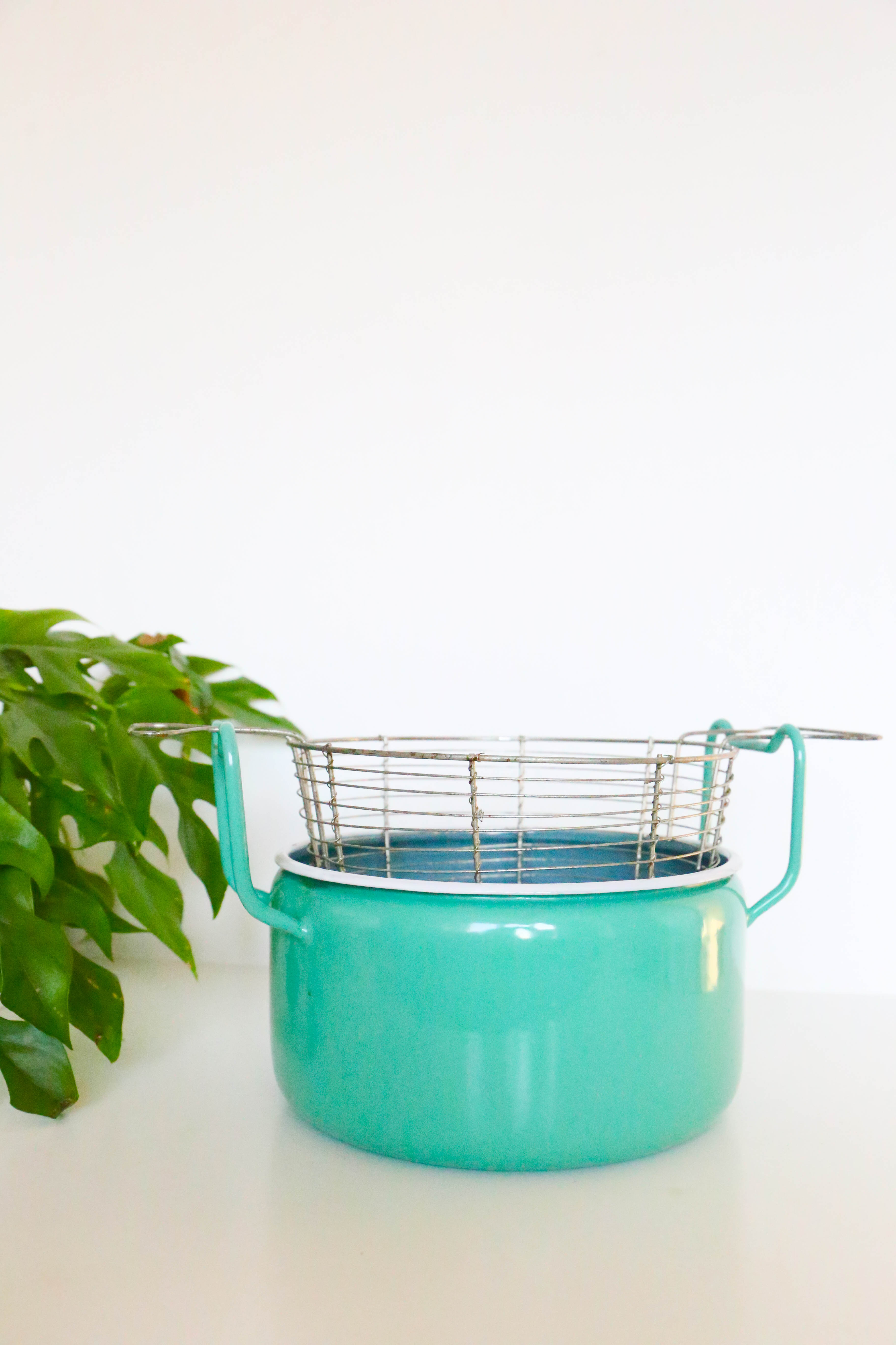 Enamelled metal fryer, pale green, vintage
