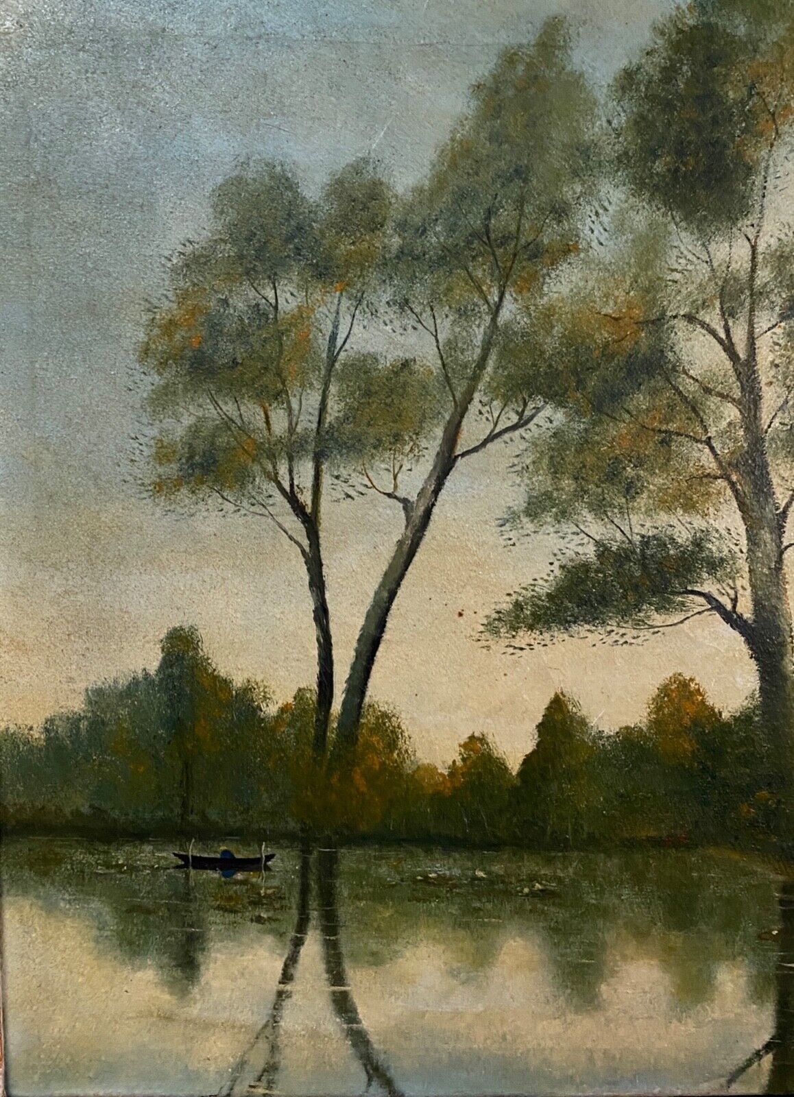 Oil on canvas by A. Biron XXth landscape by the river thatched cottage