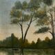 Oil on canvas by A. Biron XXth landscape by the river thatched cottage