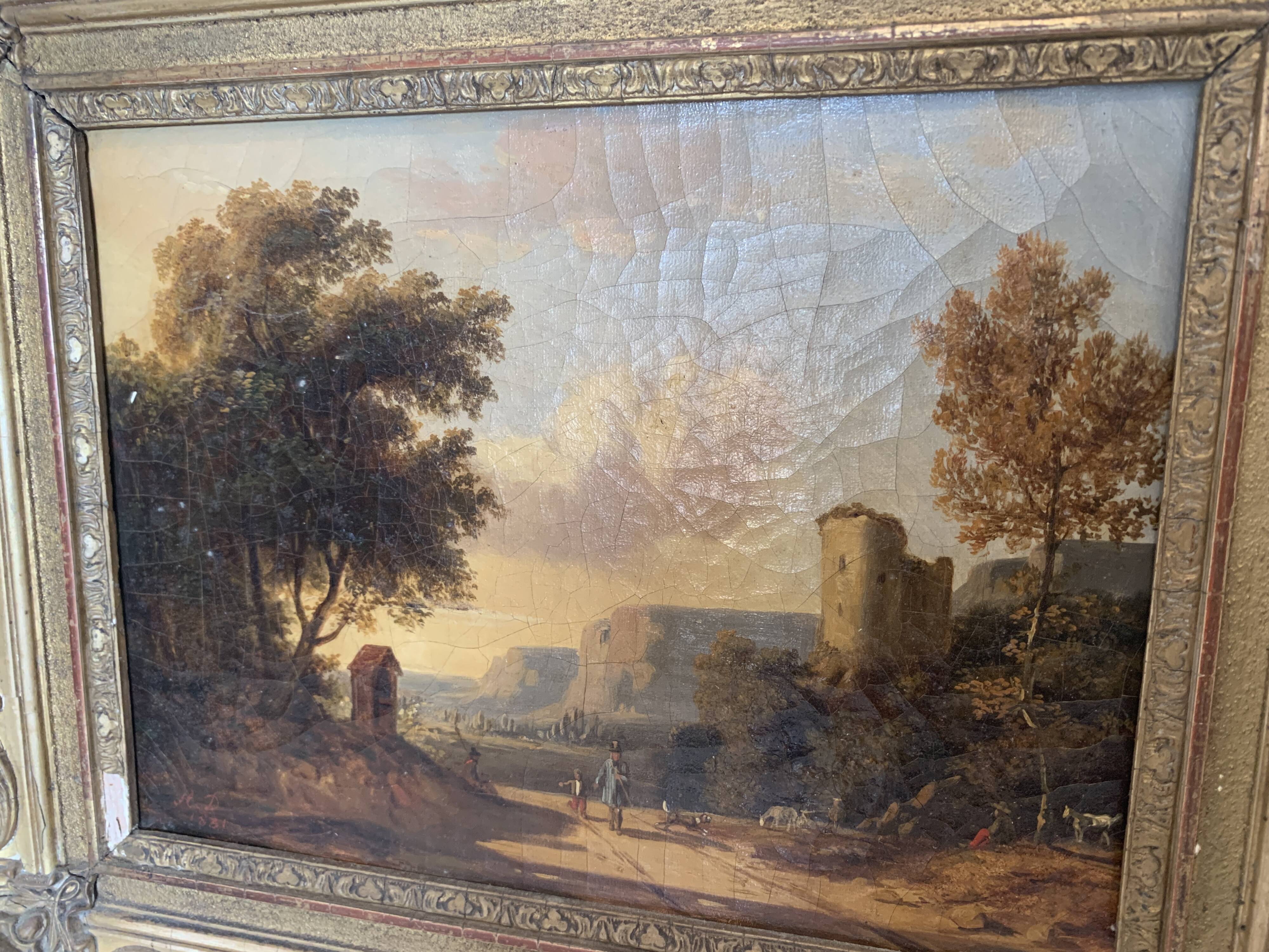 Oil on canvas "Animated landscape" wooden frame and gilded stucco 19th century