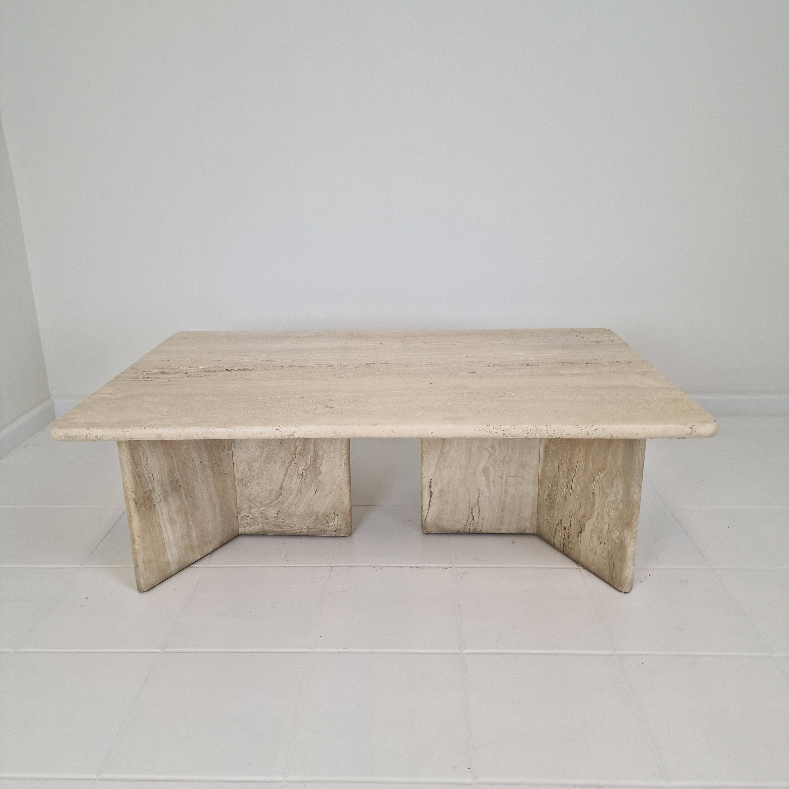 Robust Italian Travertine Coffee Table With two 3-leg Feet, 1980s