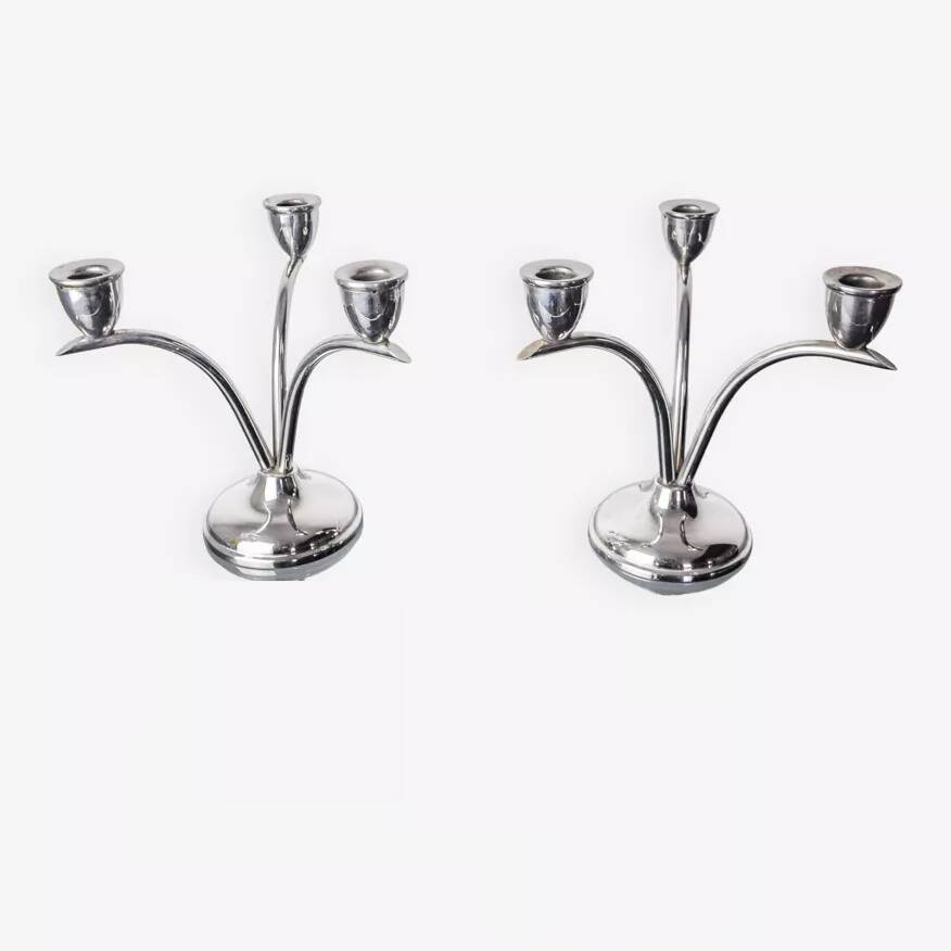 Pair of art deco stainless steel 3-flame candlesticks, Spain, 1970