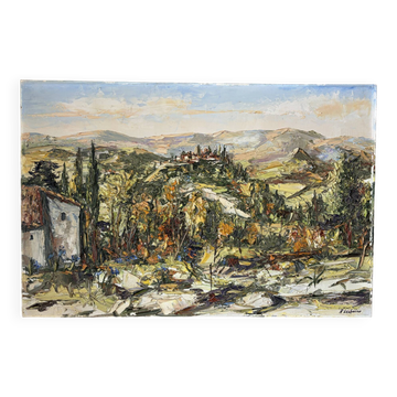 Paysage de village provençal, huile au couteau signée René Lechair