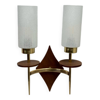 Applique en laiton, bois et verre tulipe blanc vintage décoration lamp-7159