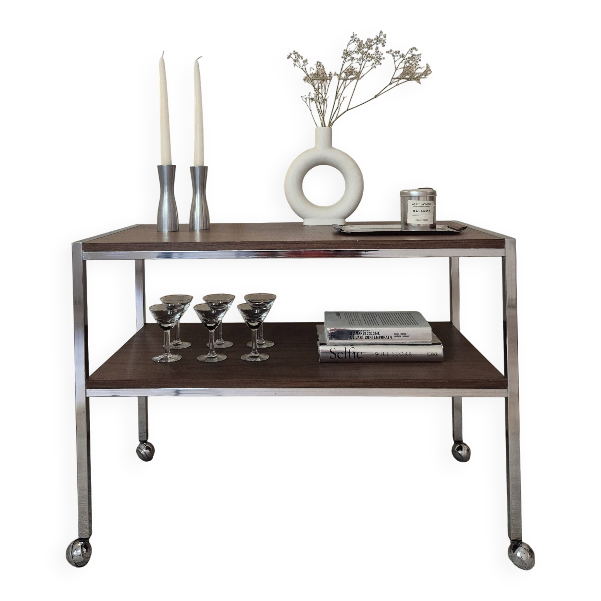 Vintage chrome metal and wood rolling dessert trolley from the 70s-80s.