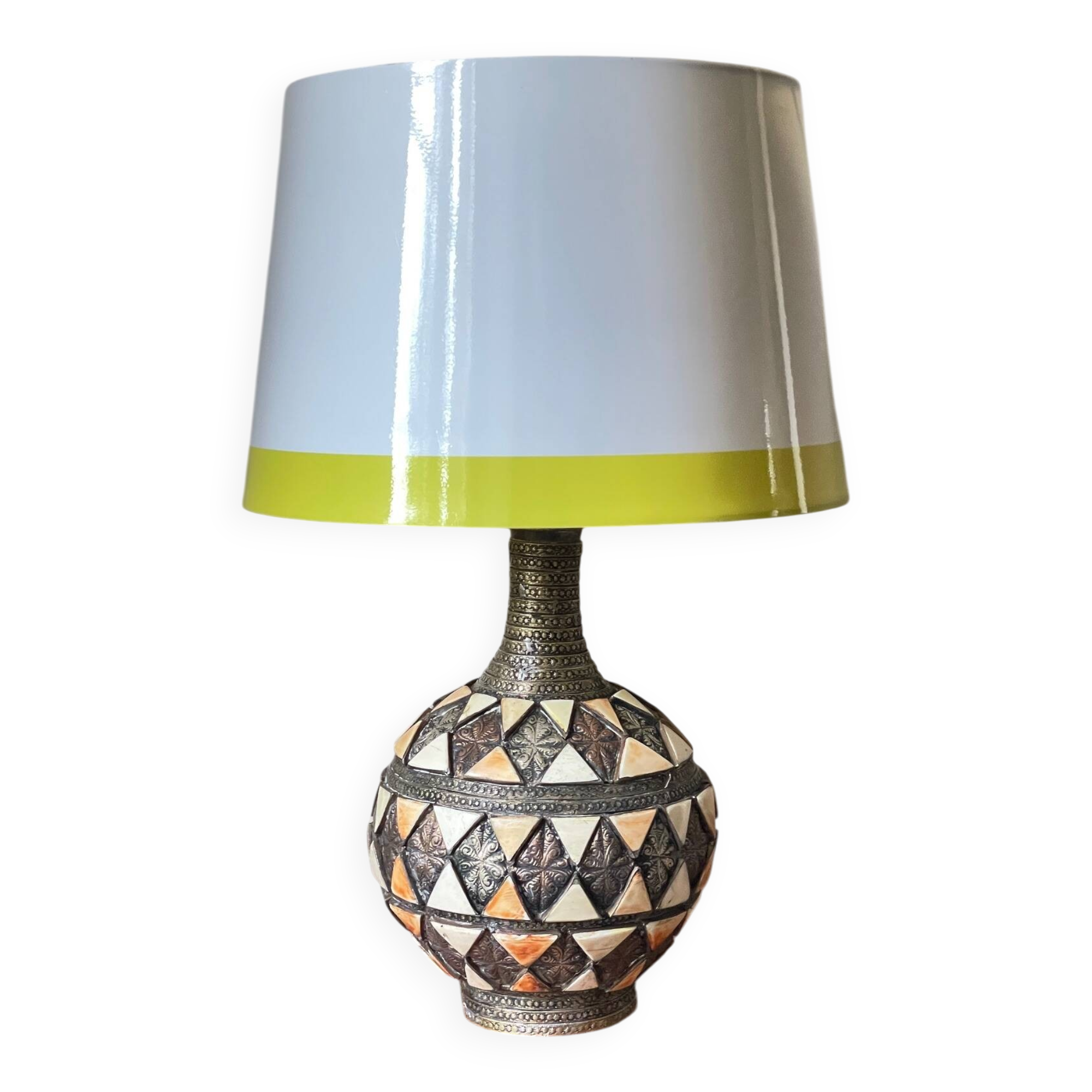Vintage handcrafted lamp, pottery and silver-plated metal