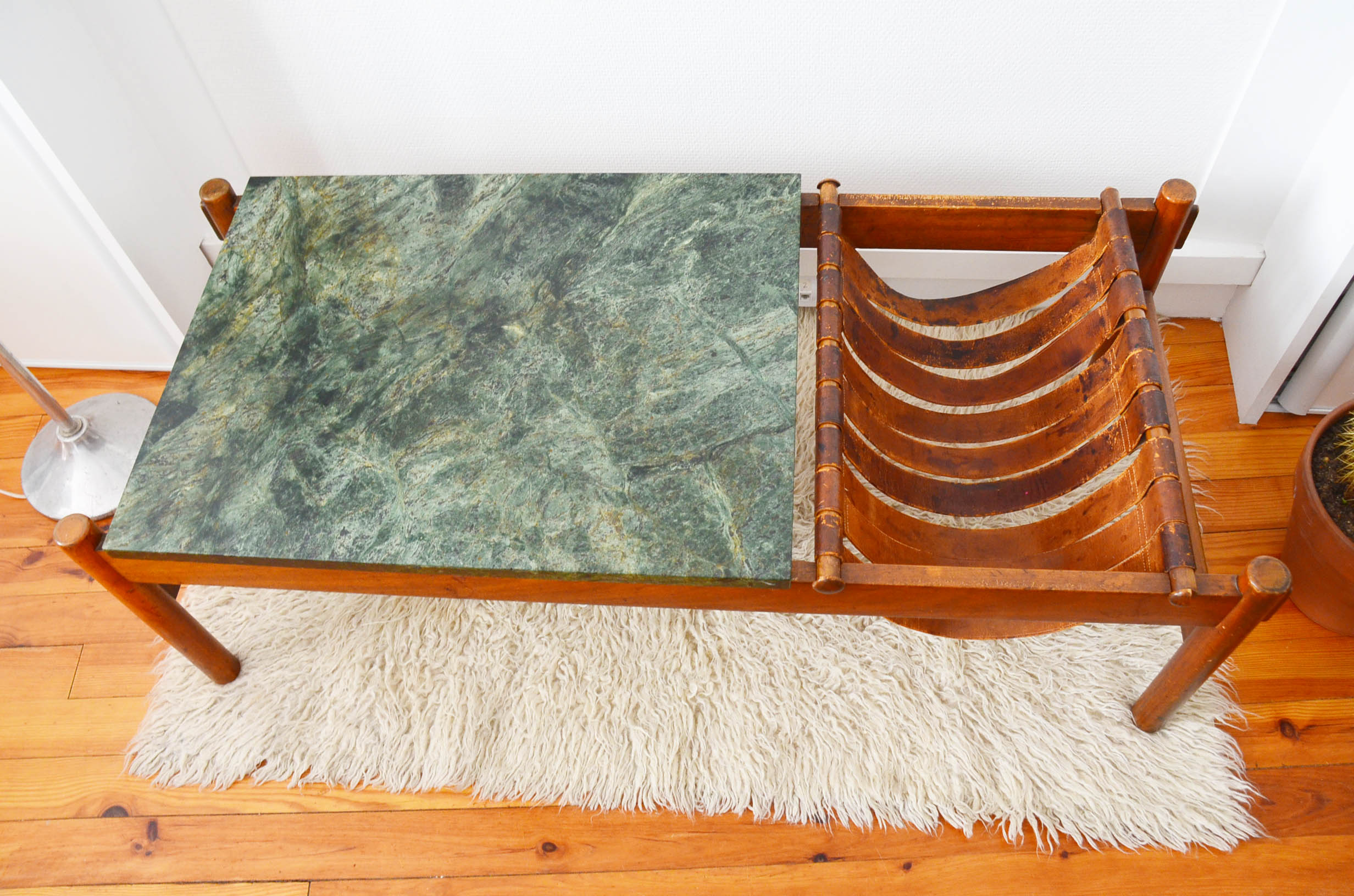 Dujo cuba coffee table in green marble and rosewood 70s