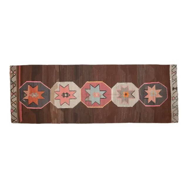 1970s Vintage Turkish Handmade Wool & Cotton Brown Runner Rug  148x426