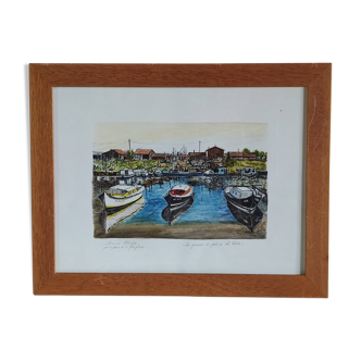 Original watercolor Bassin d'Arcachon signed and dated Les pinasses in La Teste