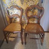 Pair of Bistrot blond wood chairs 1950 with canning seat