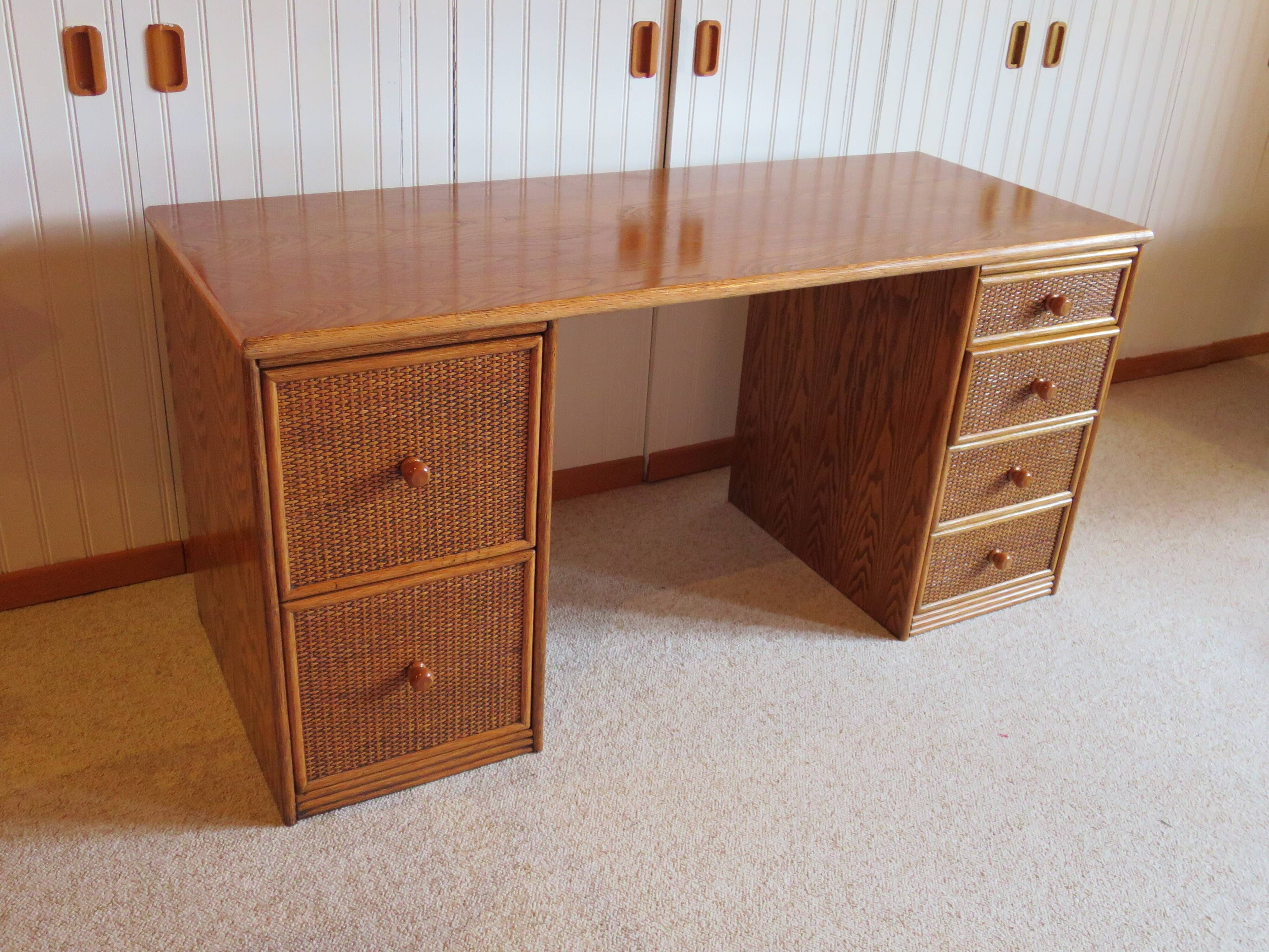 Rare vintage desk Ash and woven rattan - Large top - 6 drawers - Functional desk