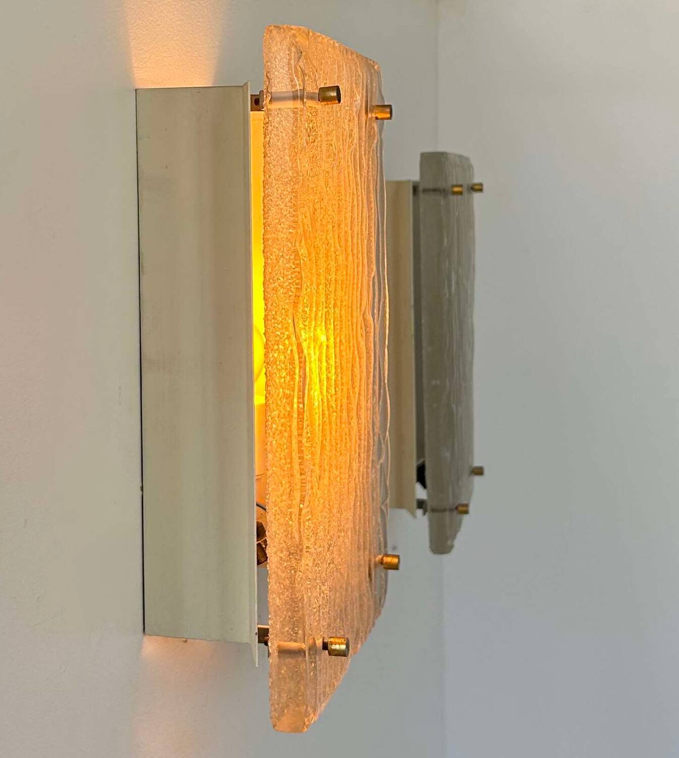 Pair of vintage sconces, molded frosted glass, Murano Italy 1970