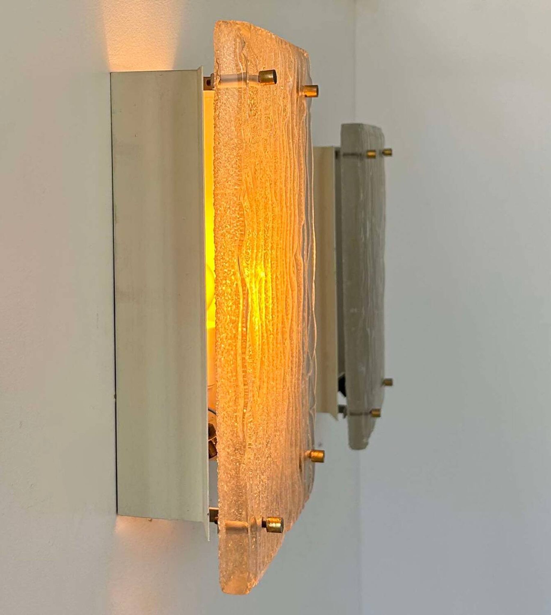 Pair of vintage sconces, molded frosted glass, Murano Italy 1970