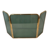 Three-Panel Folding Fire Screen in Tinted Green Glass with Brass Frame