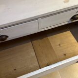 Sturdy antique sideboard with solid wood and drawers.