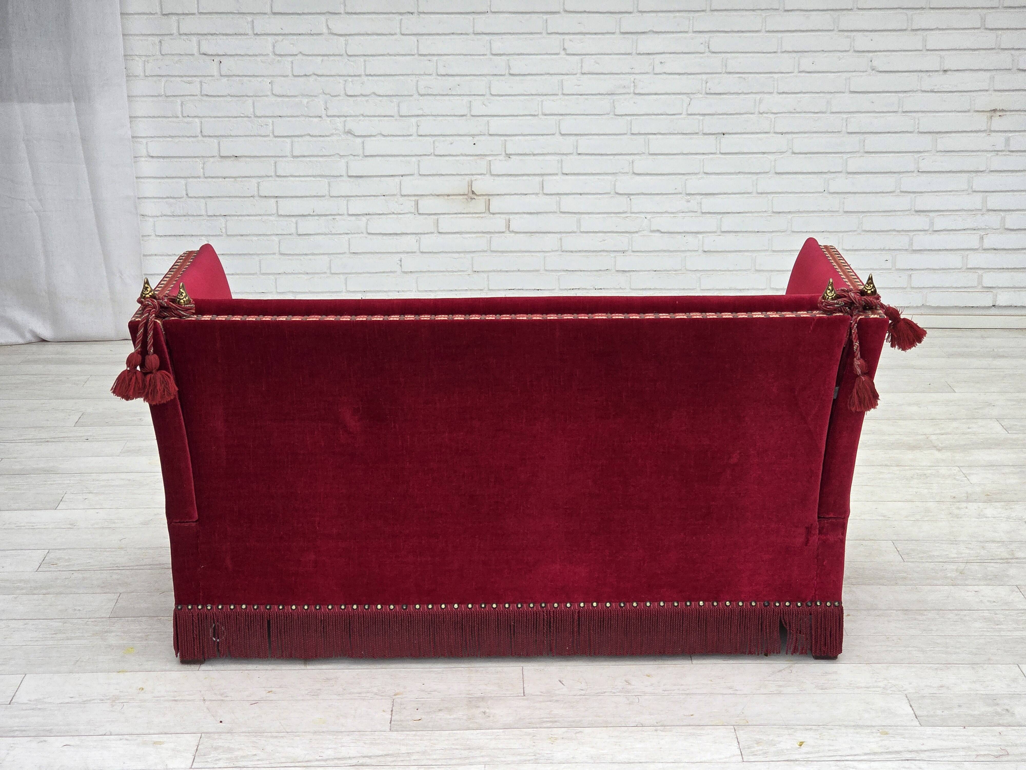 1970s, Danish "Spanish" sofa, furniture velour, ash wood legs.