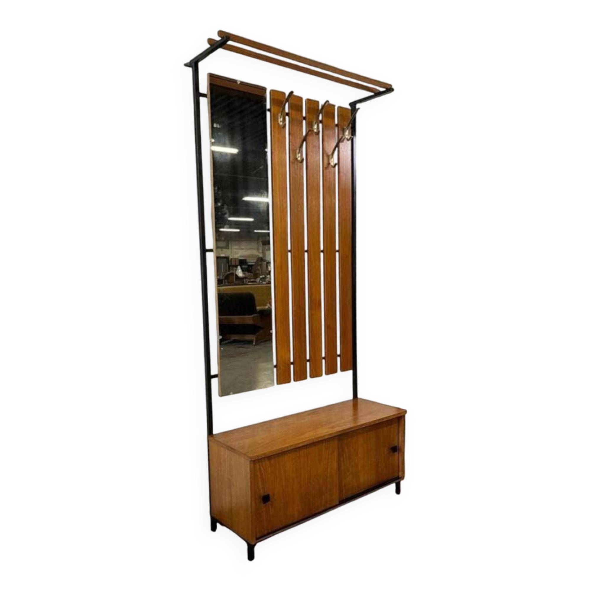 Vintage wooden coat rack with mirror
