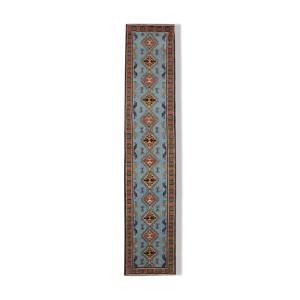 tapis géométrique en laine bleue tissée à la main long tapis persan traditionnel 93x404cm