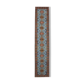 Tapis géométrique en laine bleue tissée à la main long tapis persan traditionnel 93x404cm