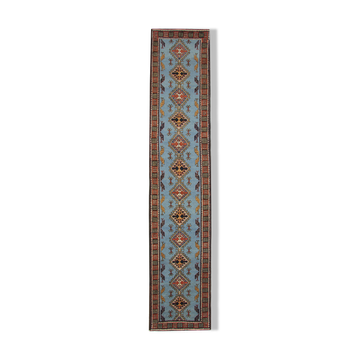 Tapis géométrique en laine bleue tissée à la main long tapis persan traditionnel 93x404cm