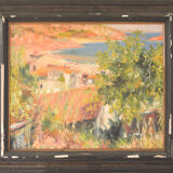 Impressionist seaside landscape with village
