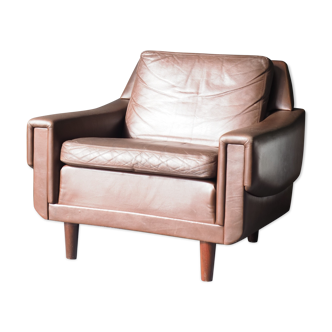 Danish brown leather low armchair 1970