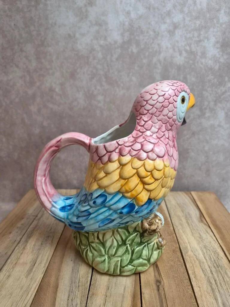 Multicoloured parrot jug in slipware – vintage earthenware