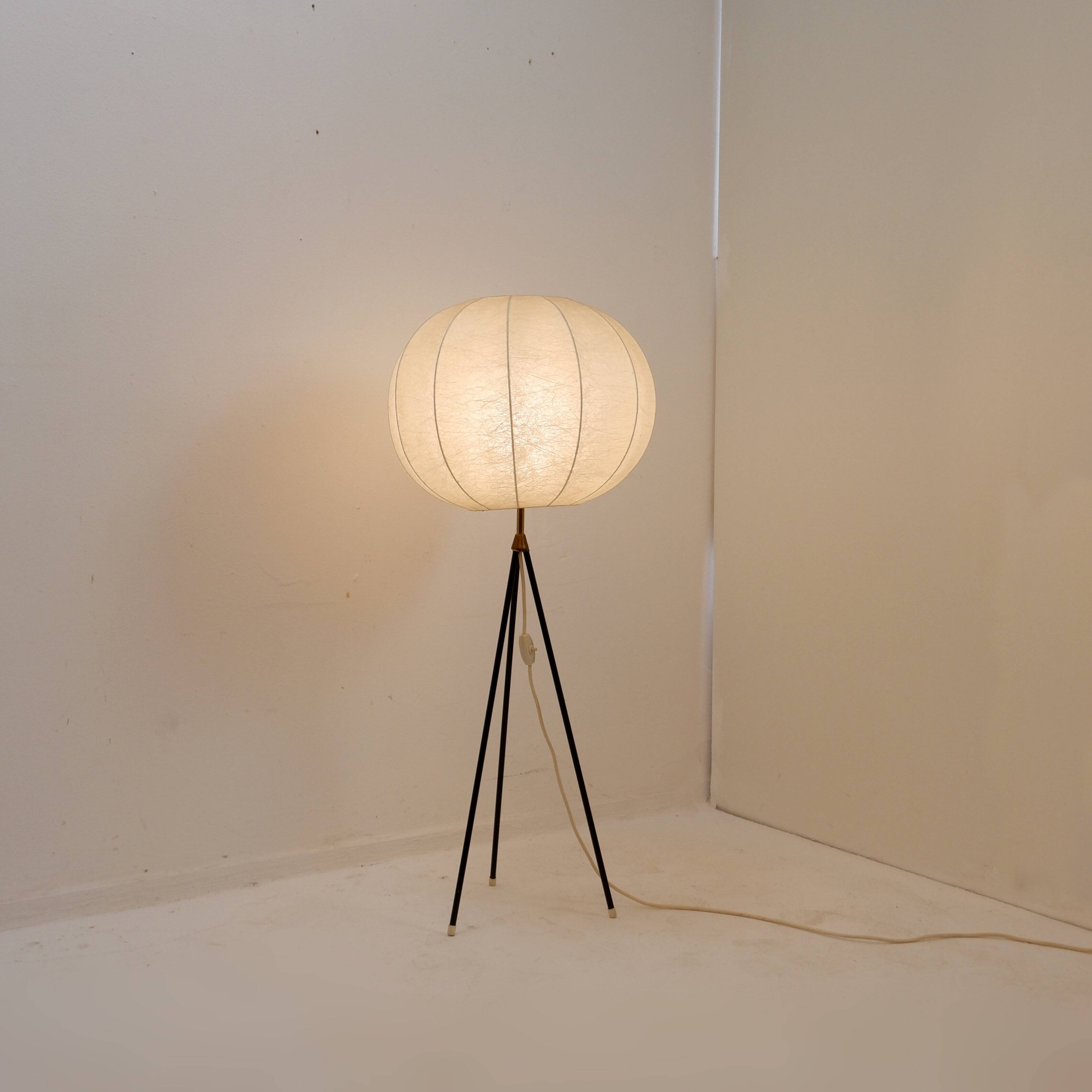 Vintage cocoon tripod floor lamp with brass details, 1960s