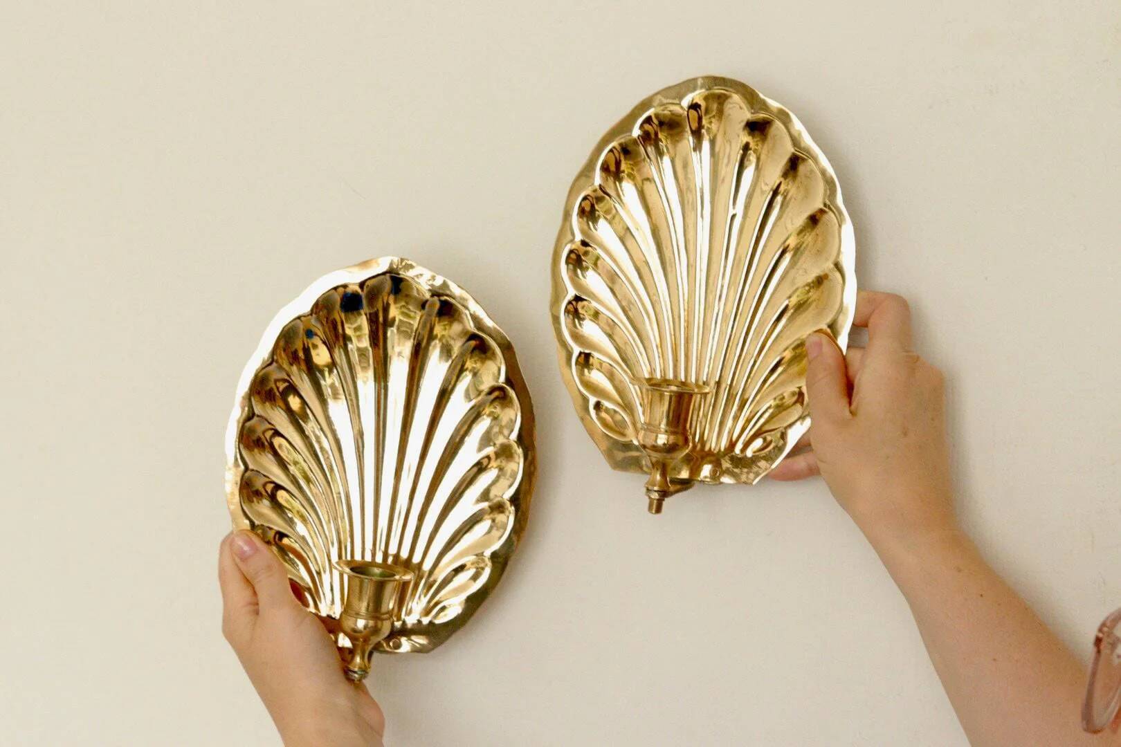 Pair of vintage brass shell scallop sconces