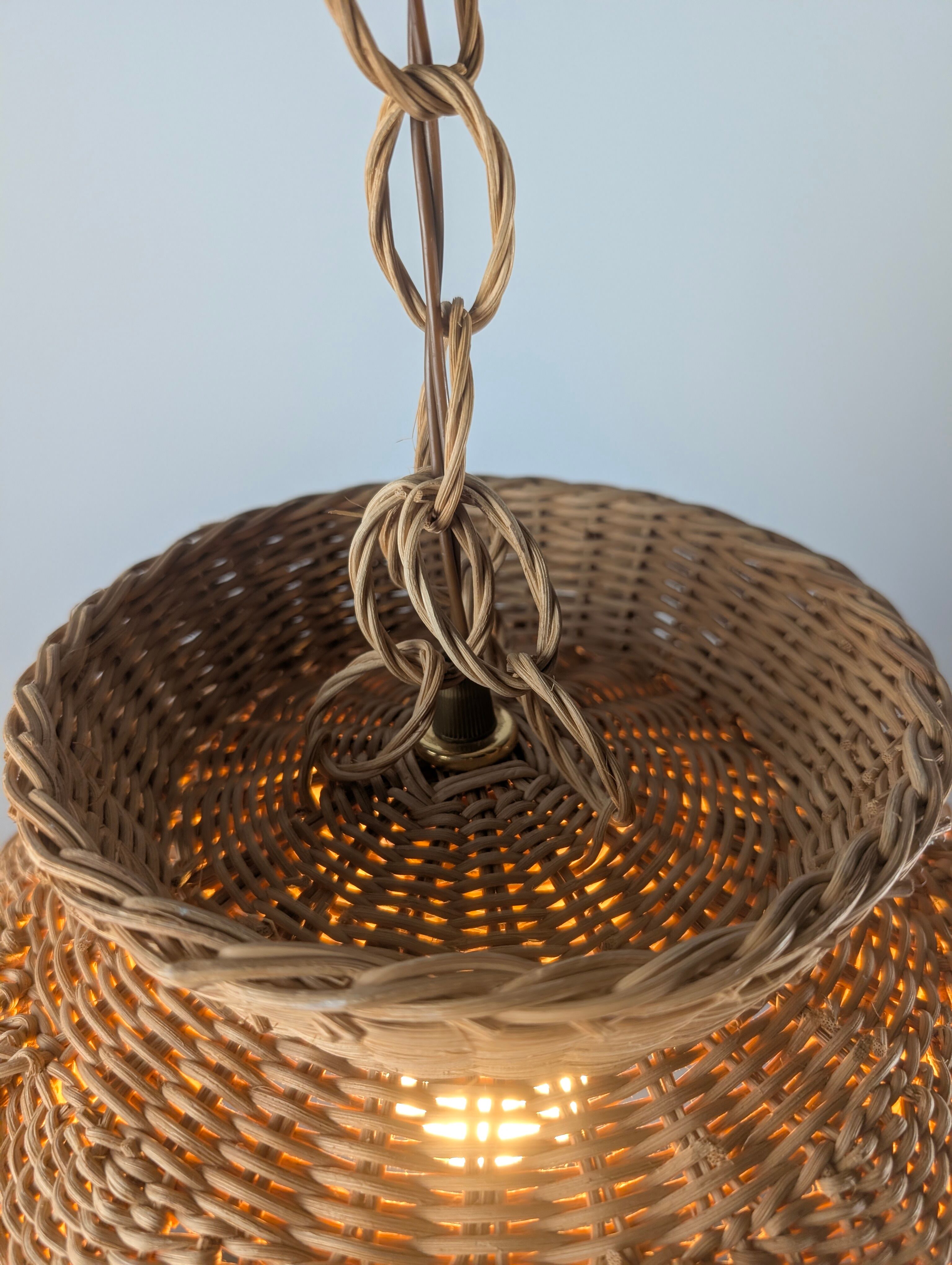 Wicker organic modern pendant lamp with overlapping petal shade, late 20th century