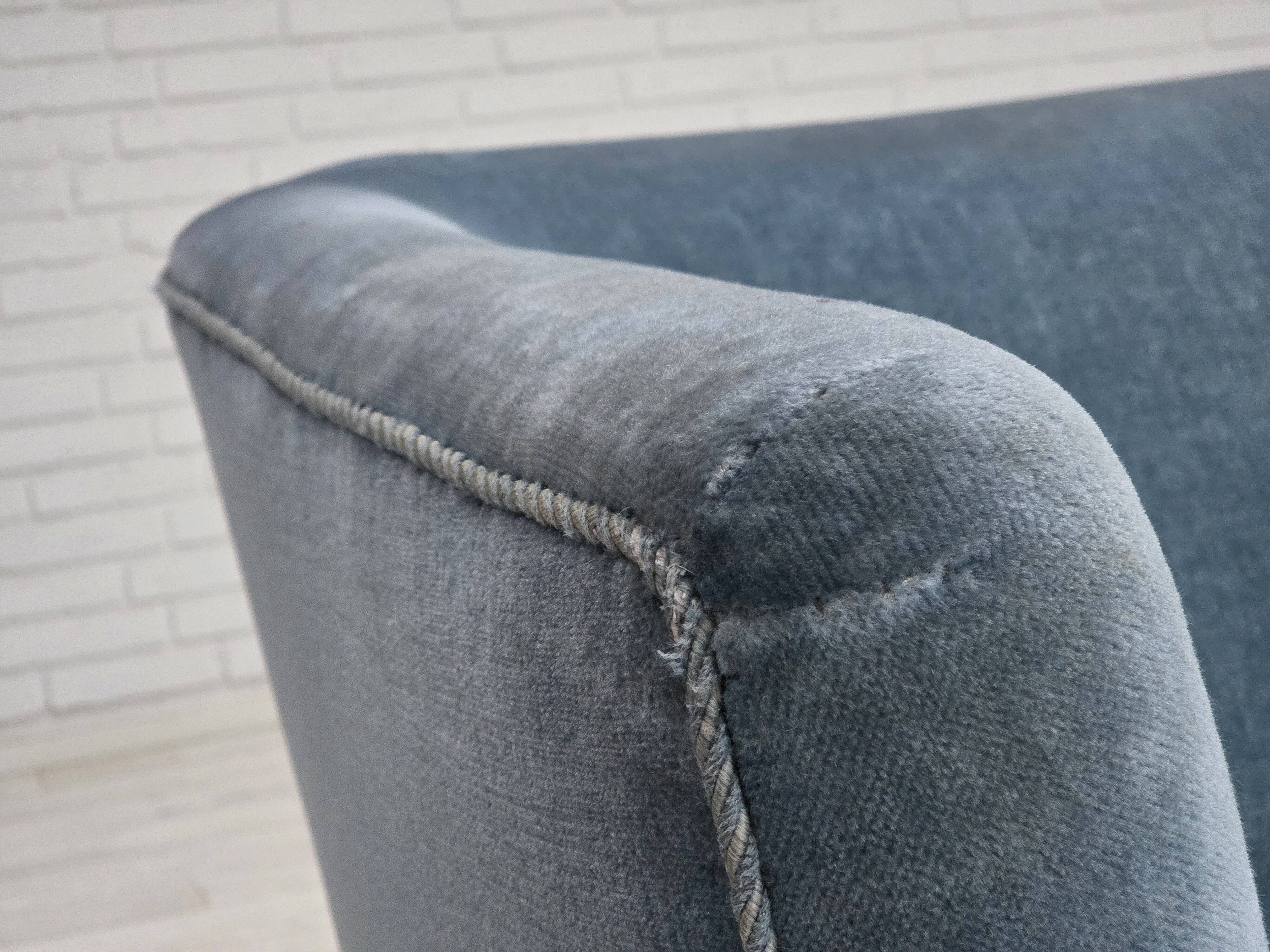 1970s, Danish 2-seater sofa, blue furniture velour, oak wood legs.