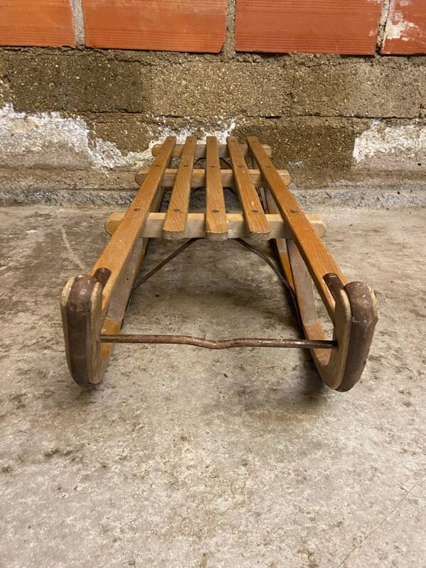 Luge ancienne Davos en bois & lames metal sport hiver vintage