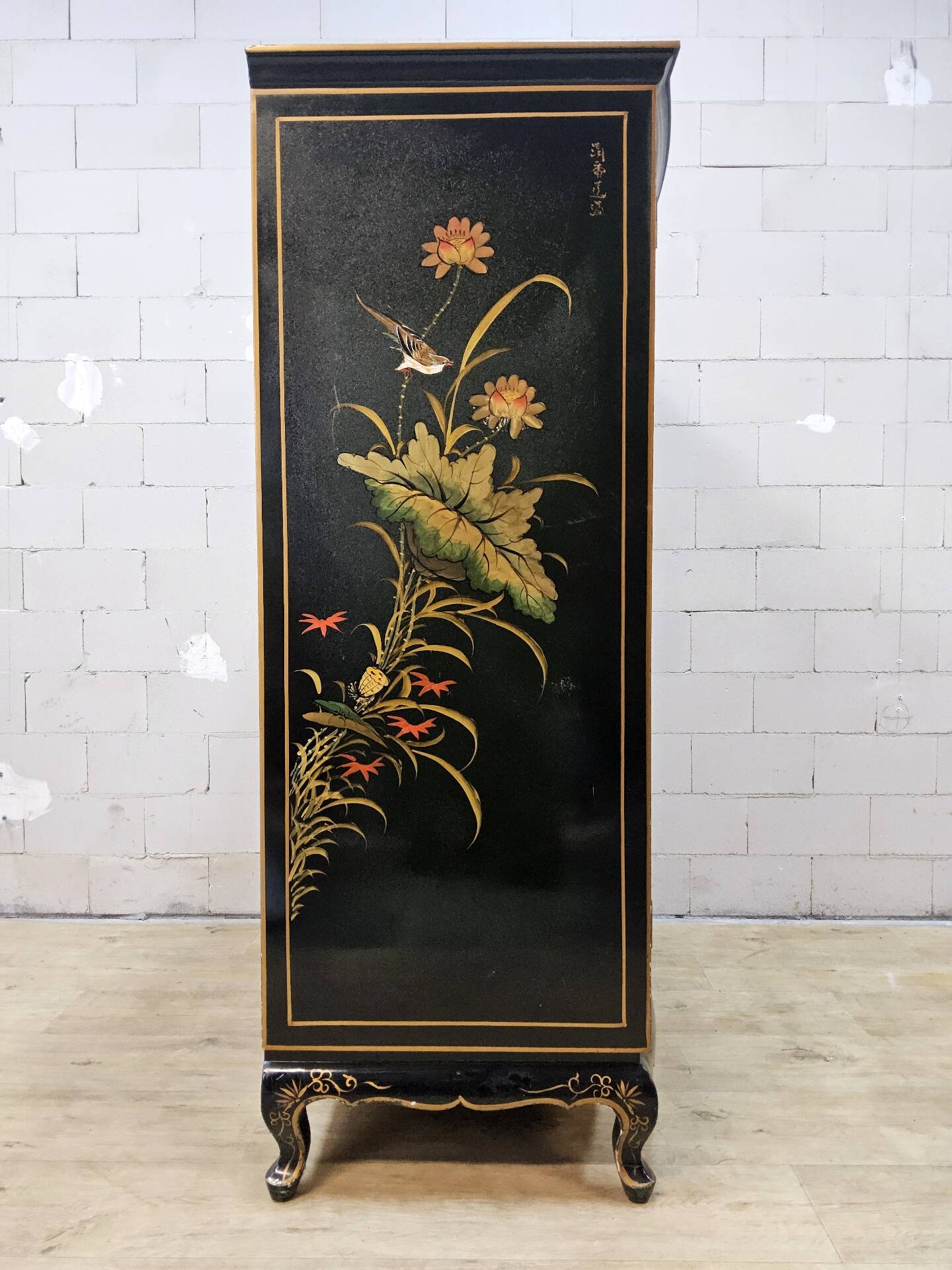 Vintage Chinese cabinet with gold leaf, flowers and peacock/ bohemian