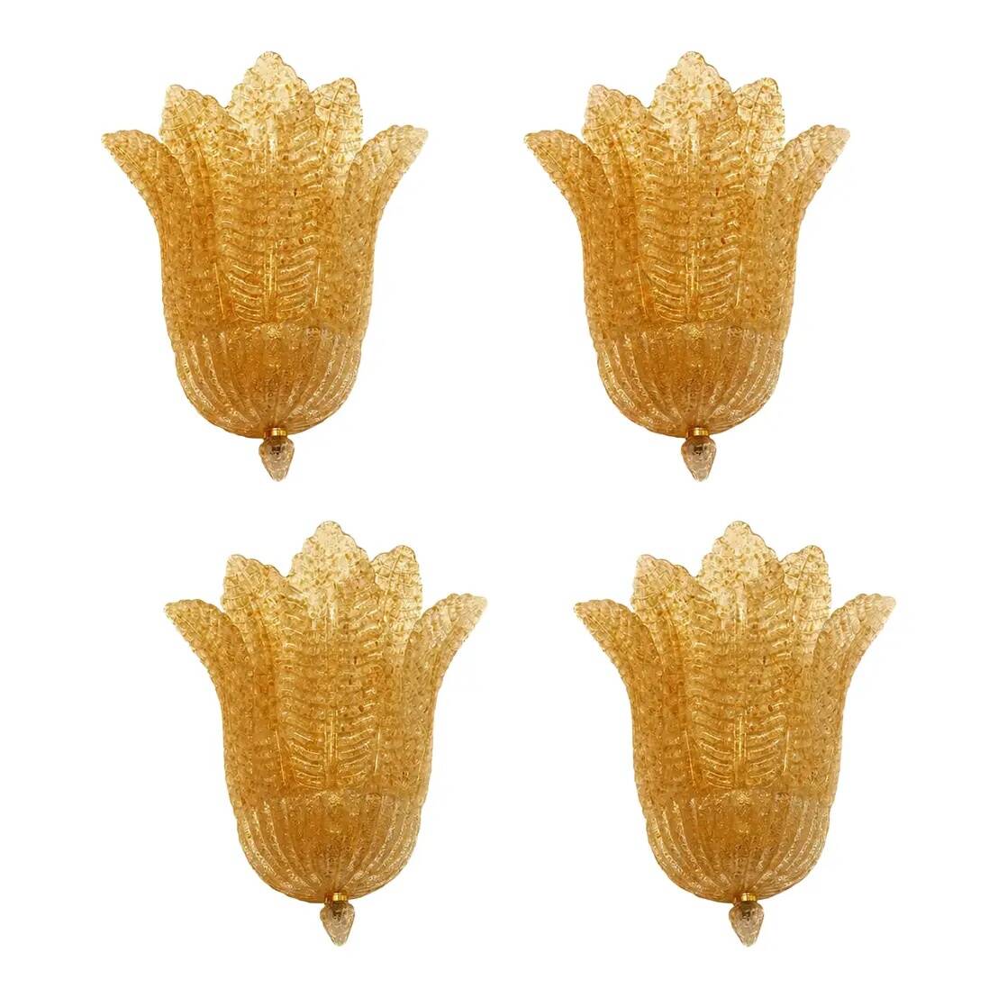 Set of Four Venetian Gold Graniglia “Leaf” Murano Glass Wall Sconcess
