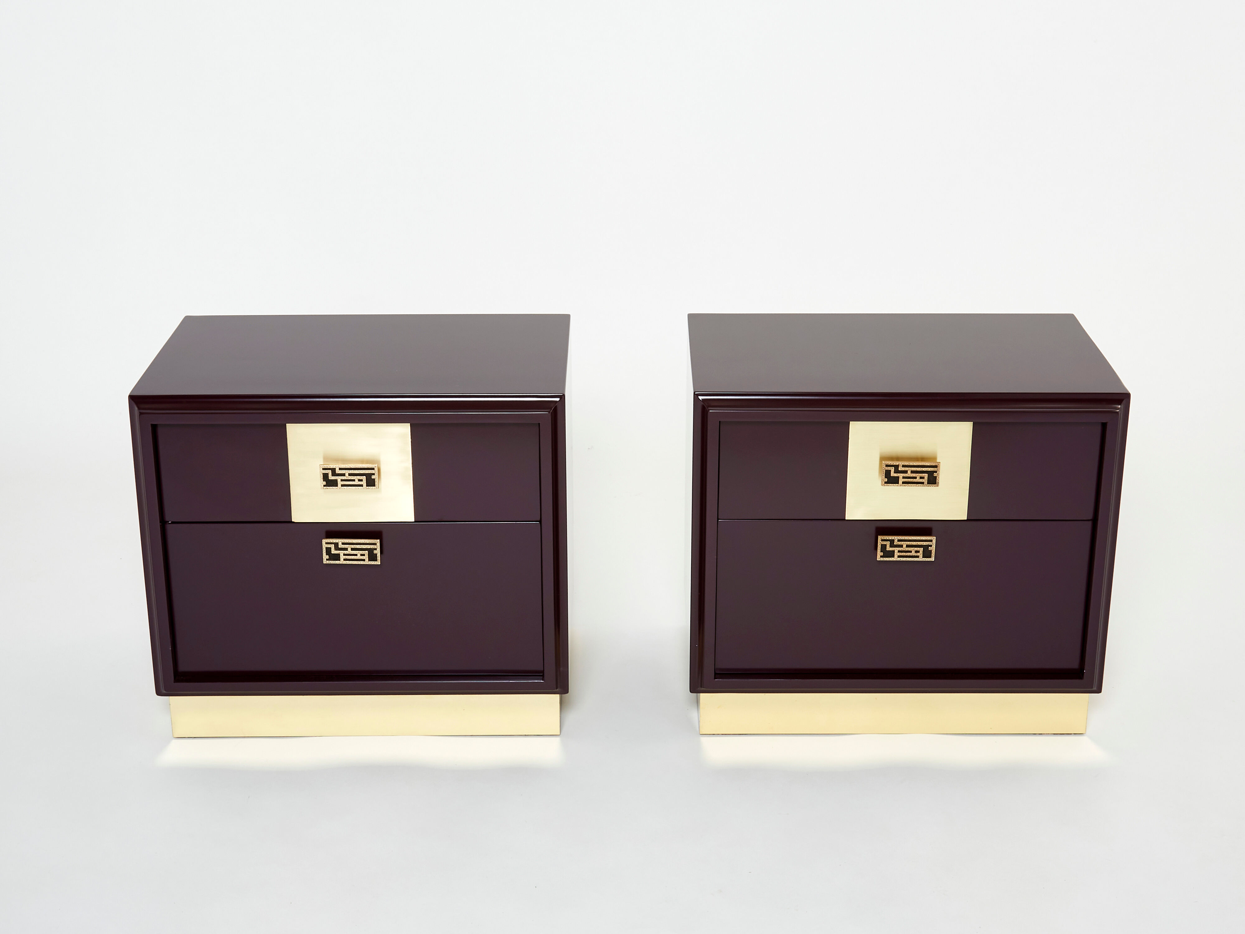 Pair of brass plum lacquer bedside tables Luciano Frigerio Italy 1970