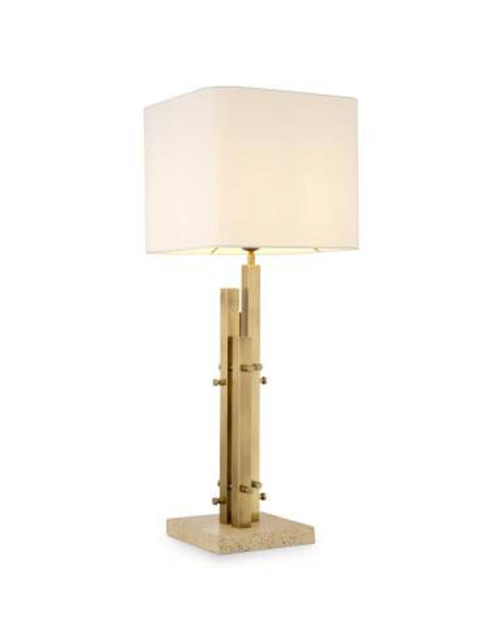 Paire de lampes de table modernes, finition laiton vintage, base en travertin.