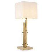 Paire de lampes de table modernes, finition laiton vintage, base en travertin.