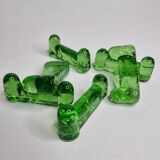 Set of six emerald glass knife holders signed Biot