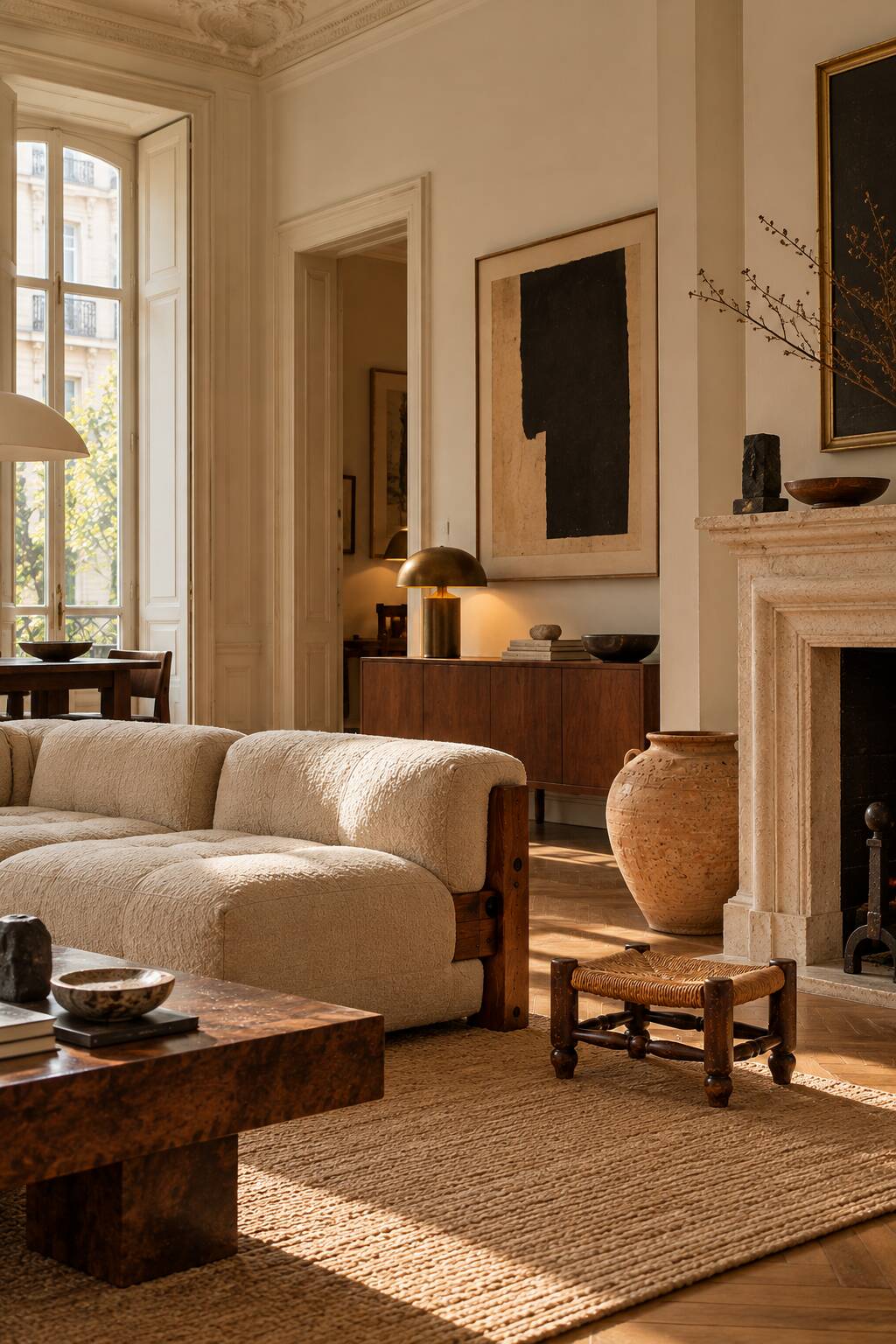 Rustic French Low Footstool in Turned Wood and Rush, Early 20th Century