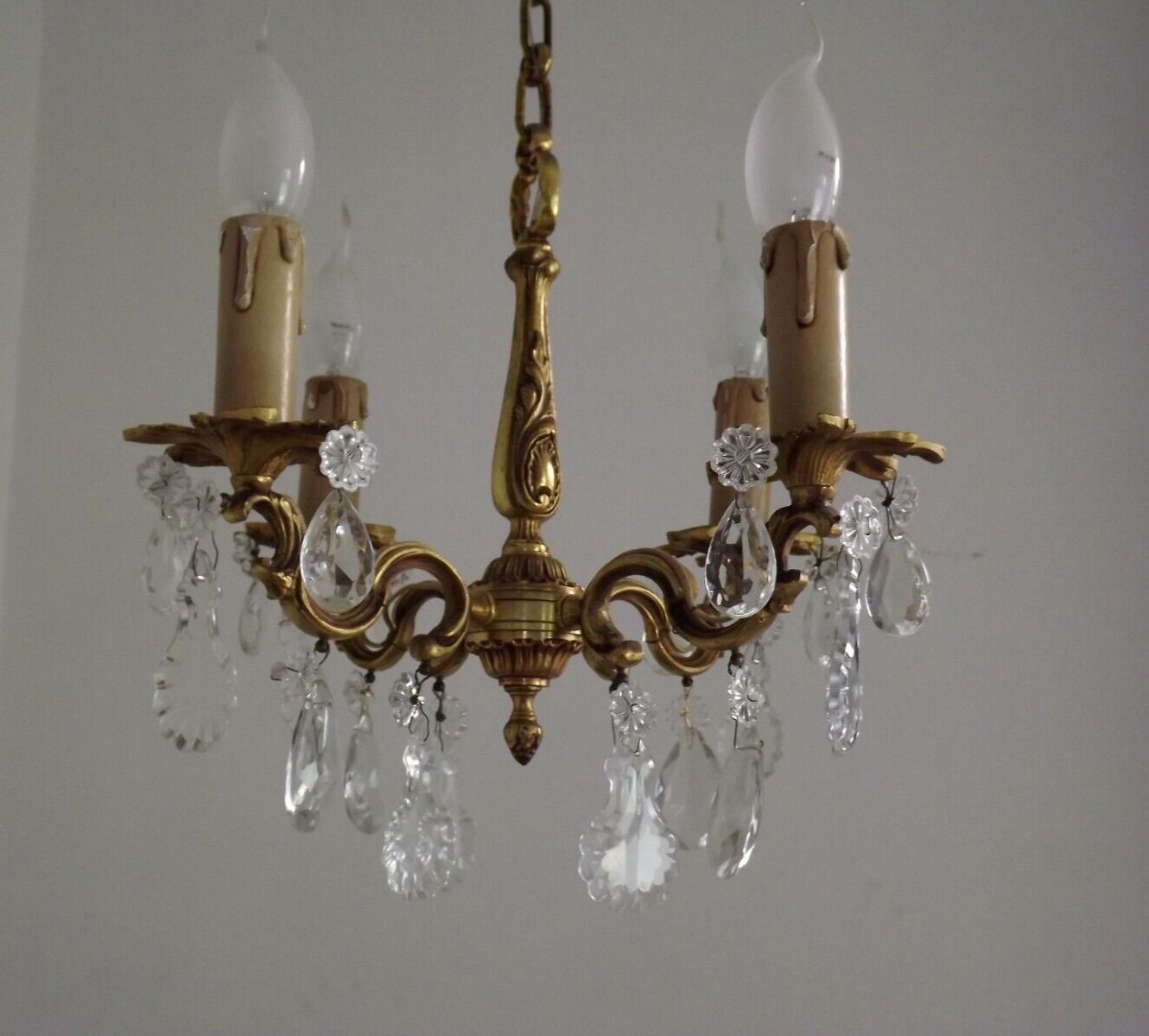 Vintage french brass 4 light chandelier assorted faceted crystal 4007