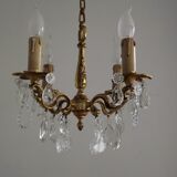 Vintage french brass 4 light chandelier assorted faceted crystal 4007