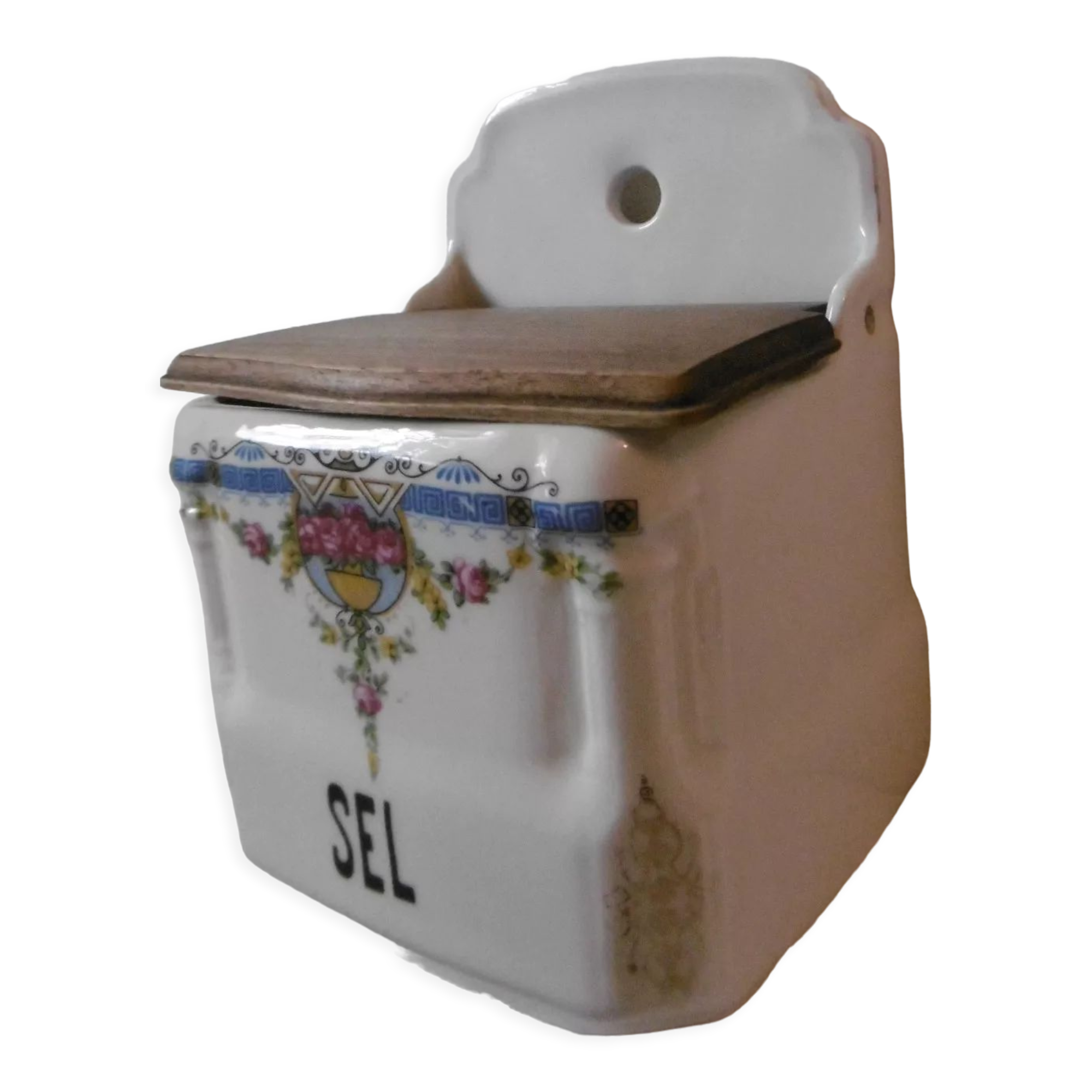 White flowered porcelain salt box