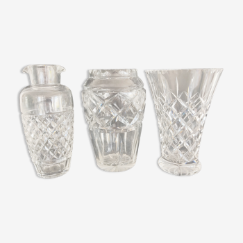 Set of three crystal and glass vases