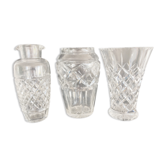 Set of three crystal and glass vases