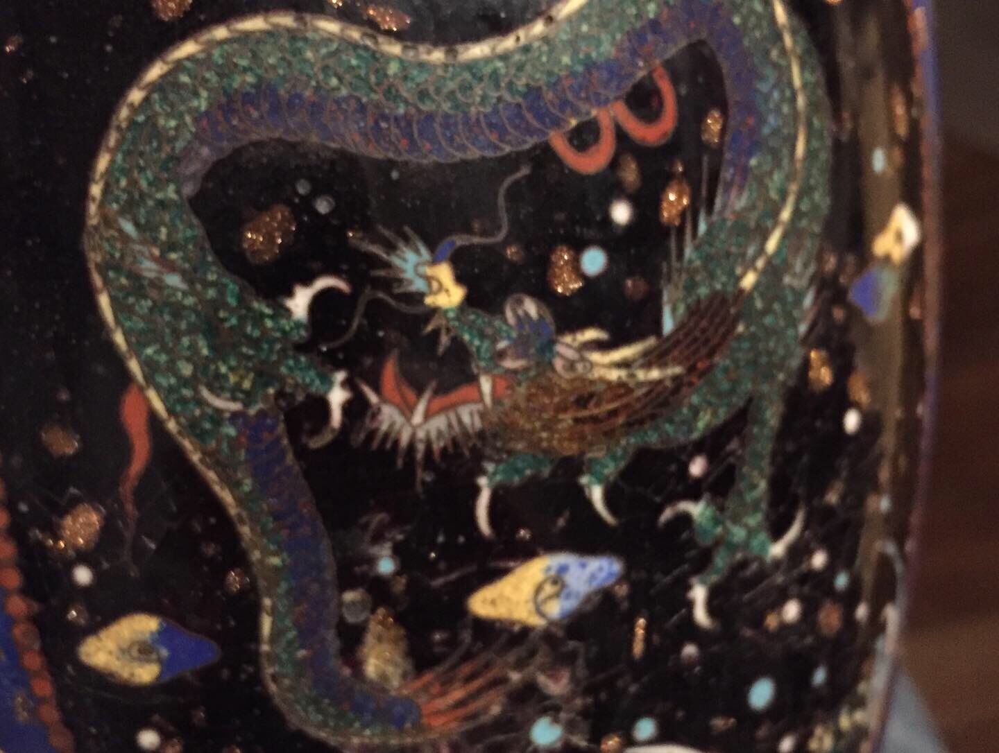 Set 3 vases mapei/emaux cloisonné decorations green dragon / china late eighteenth