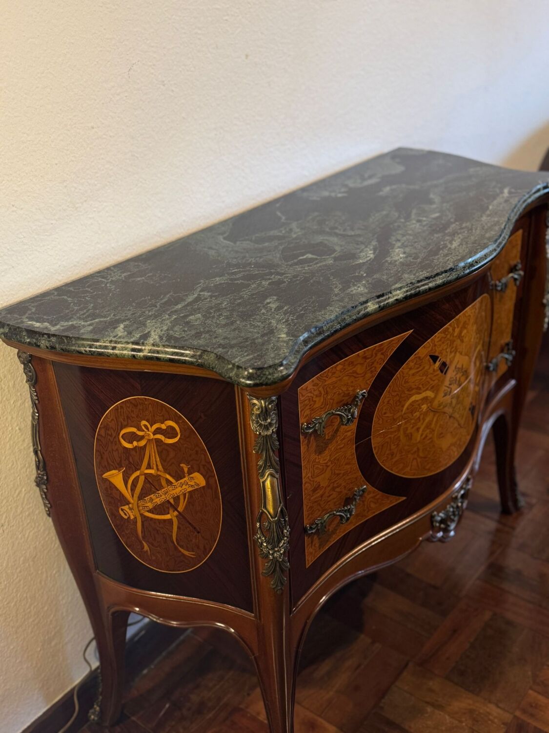 Exquisite Louis XV Style Bombé Commode with Musical Marquetry & Marble